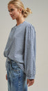 Navy Windowpane Check Ruffle Placket Cotton Blouse in Blue - Women's Blankets | Urban Daizy