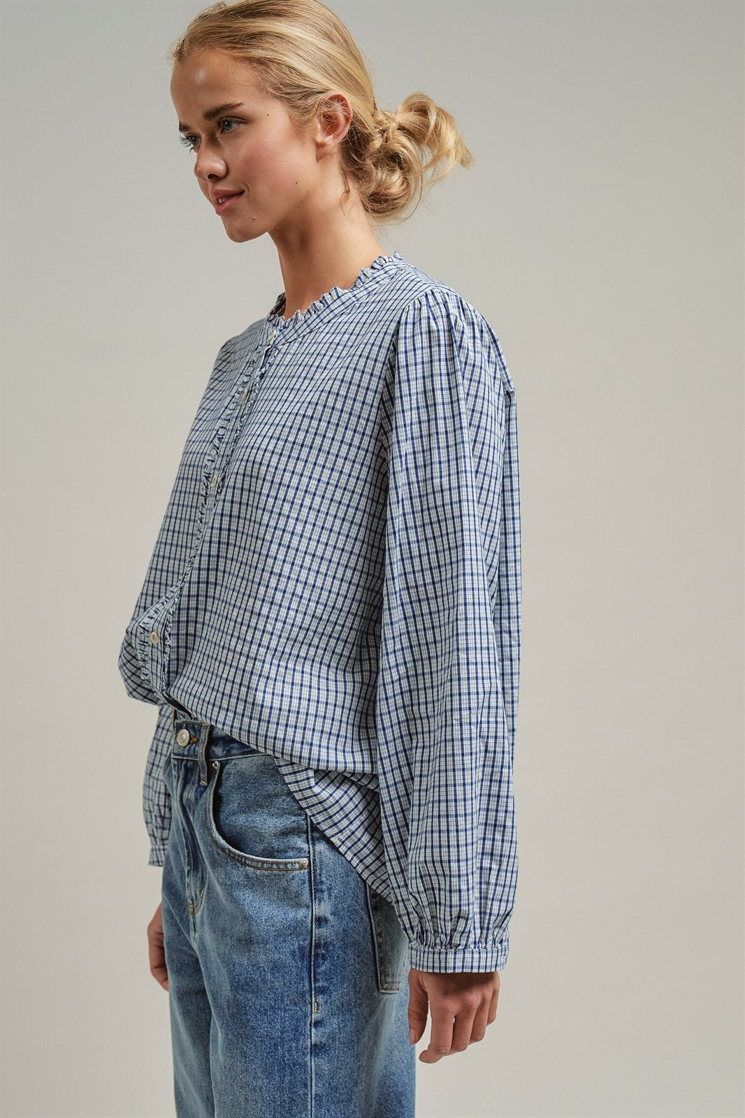 Navy Windowpane Check Ruffle Placket Cotton Blouse in Blue - Women's Blankets | Urban Daizy
