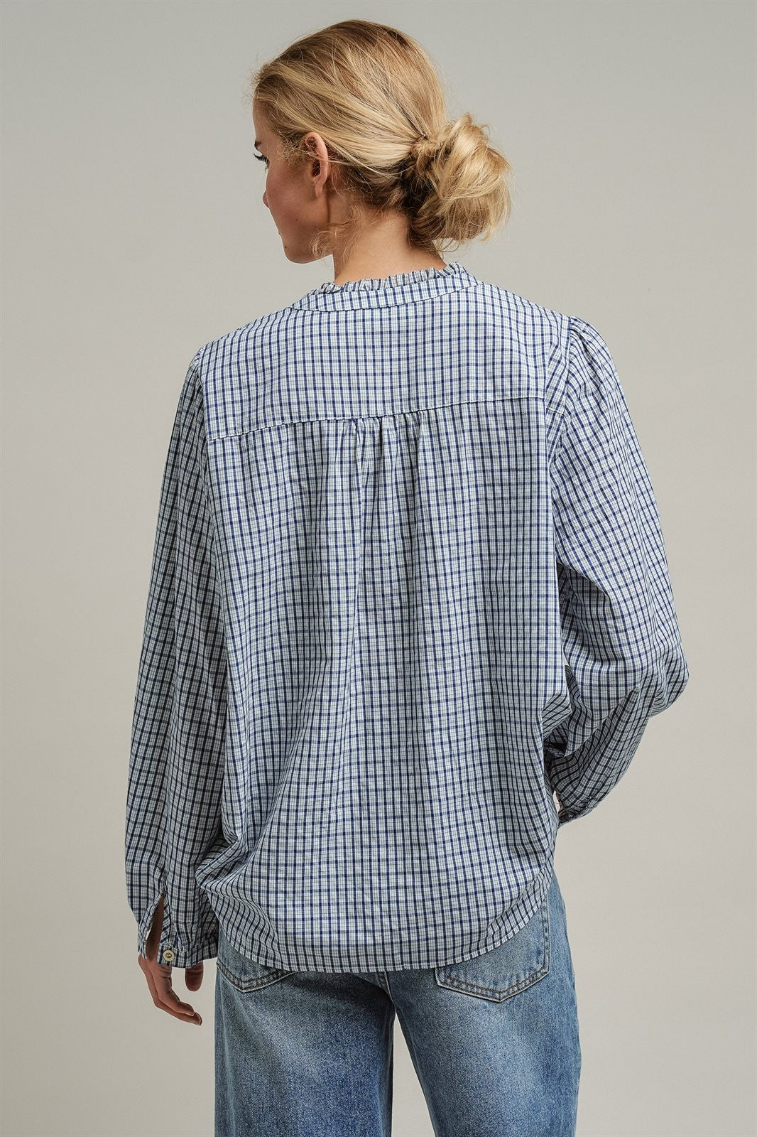 Navy Windowpane Check Ruffle Placket Cotton Blouse in Blue - Women's Blankets | Urban Daizy
