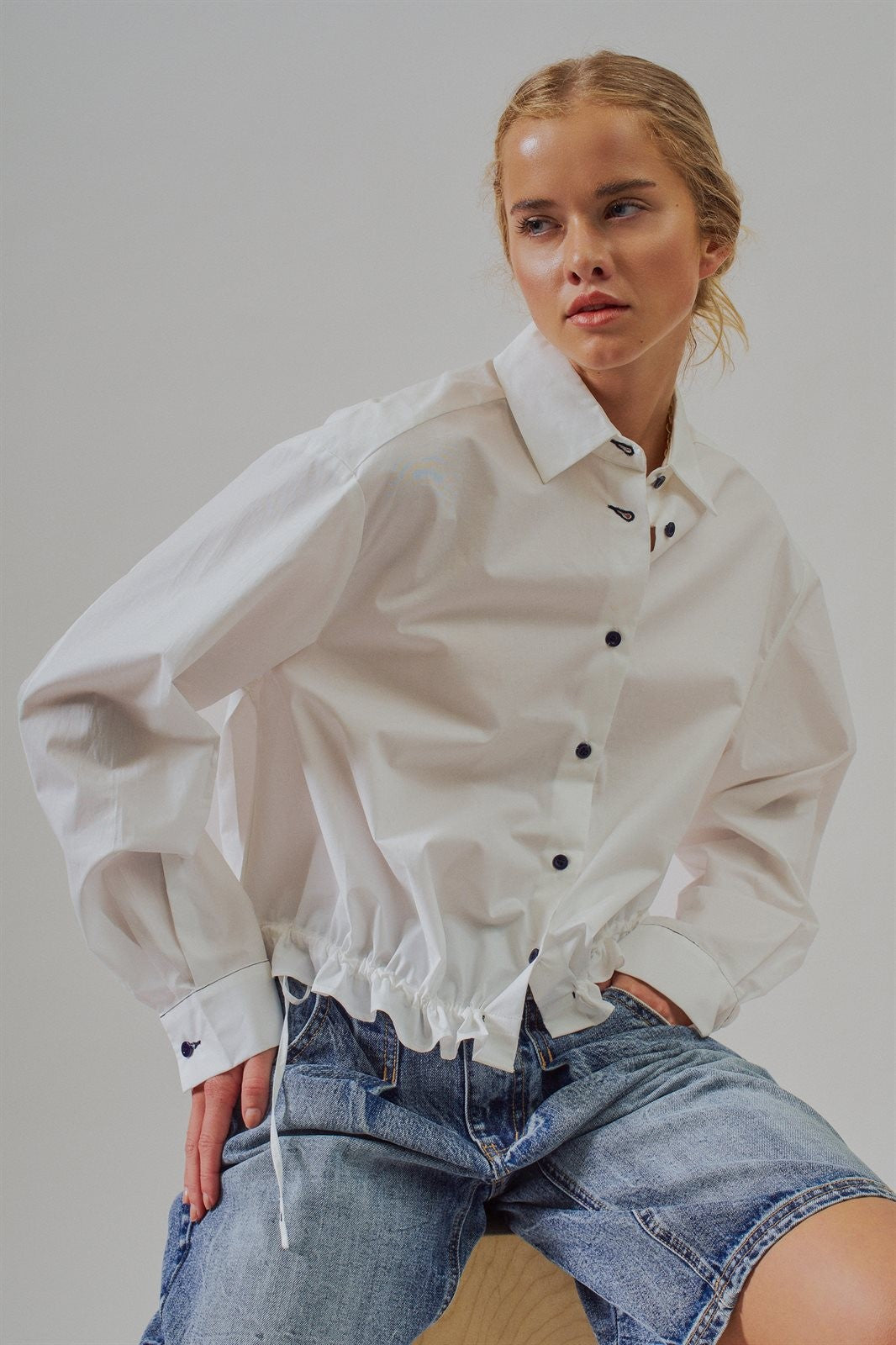 Drawstring Hem Cotton Button Down Shirt in White - Women's Blankets | Urban Daizy