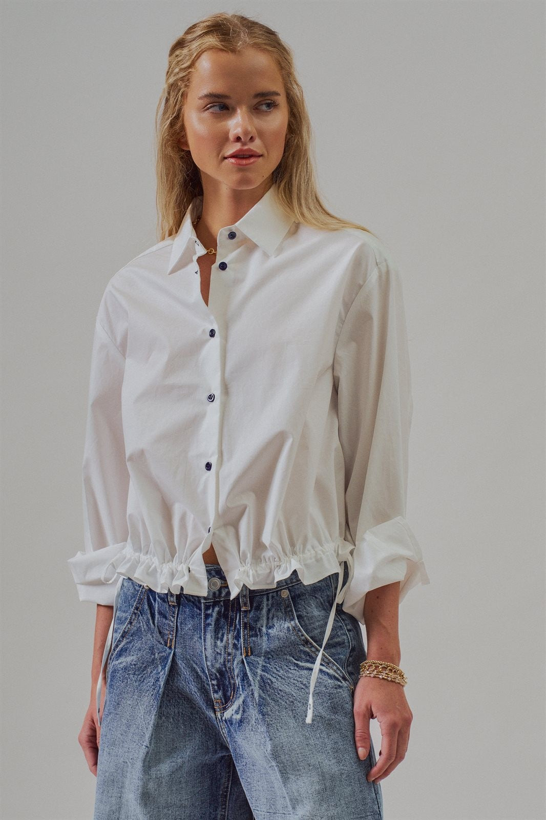 Drawstring Hem Cotton Button Down Shirt in White - Women's Blankets | Urban Daizy
