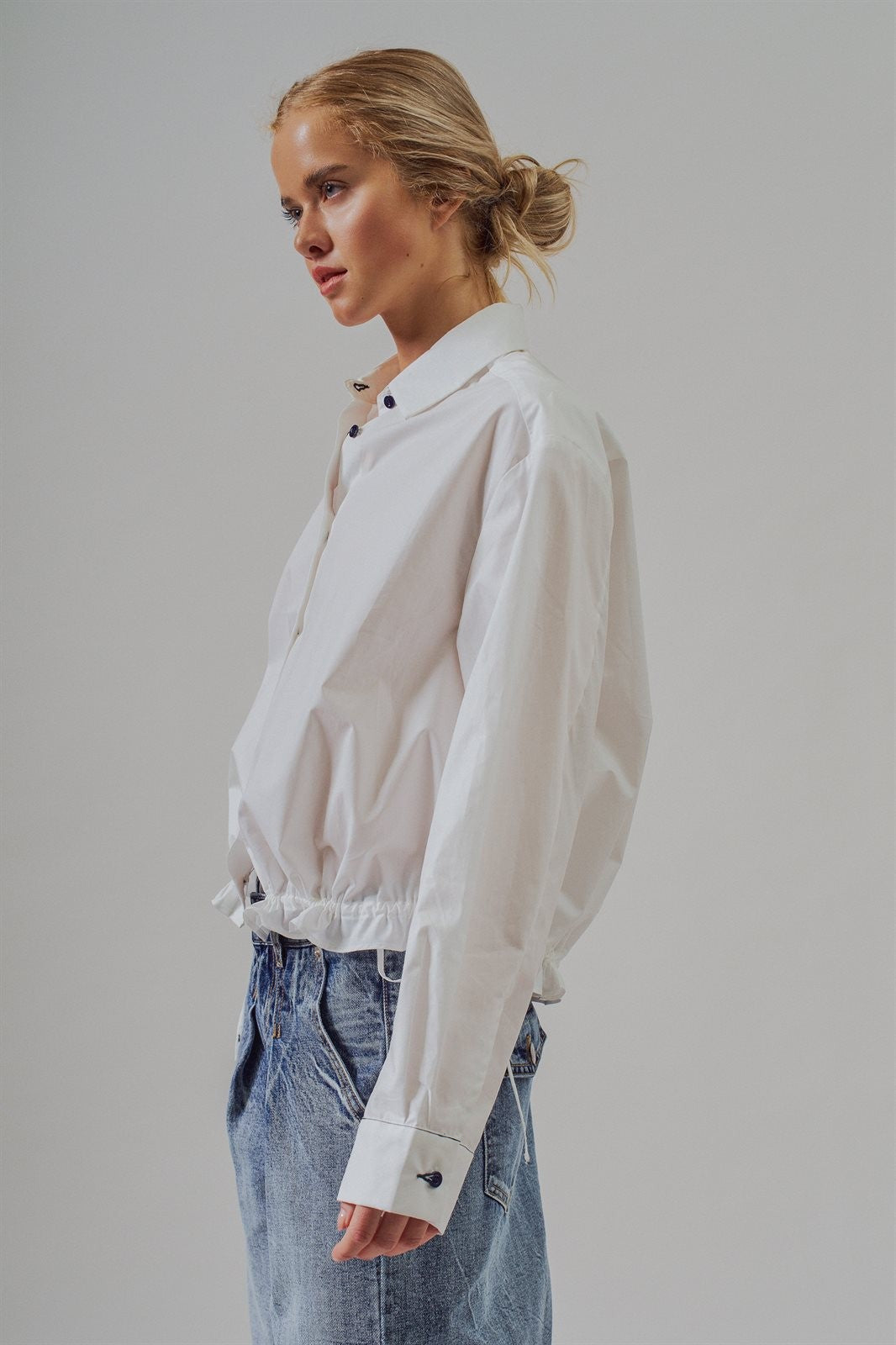 Drawstring Hem Cotton Button Down Shirt in White - Women's Blankets | Urban Daizy