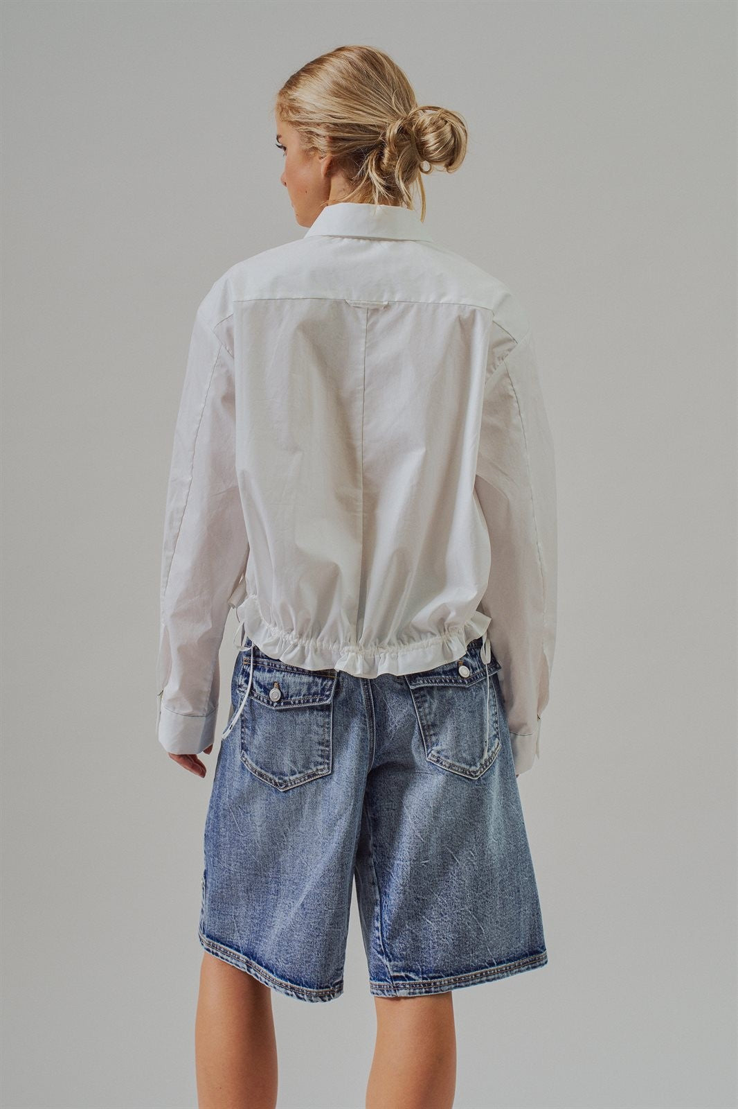 Drawstring Hem Cotton Button Down Shirt in White - Women's Blankets | Urban Daizy