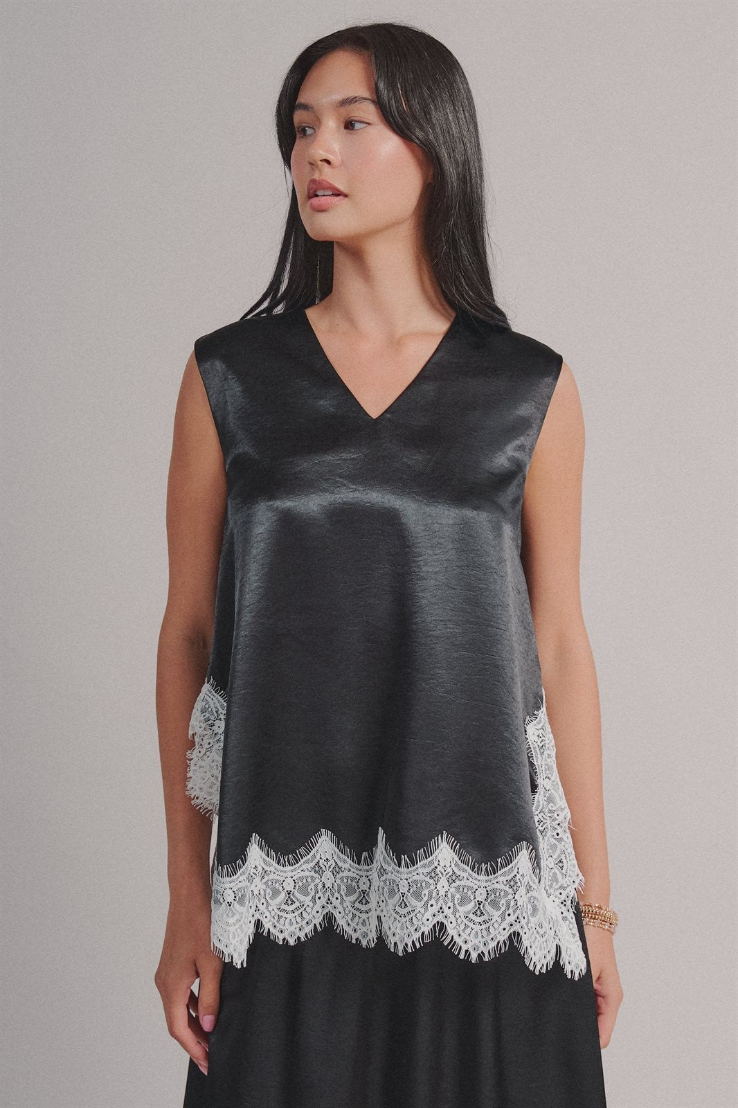 Scalloped Lace Trim Satin Sleeveless Top in Black - Women's Shirts & Blouses | Urban Daizy