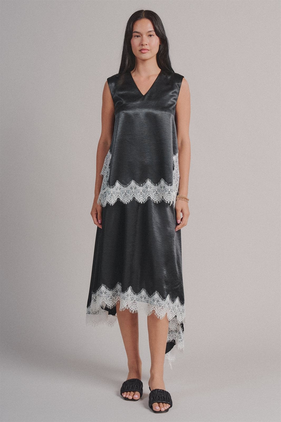 Scalloped Lace Trim Satin Sleeveless Top in Black - Women's Shirts & Blouses | Urban Daizy