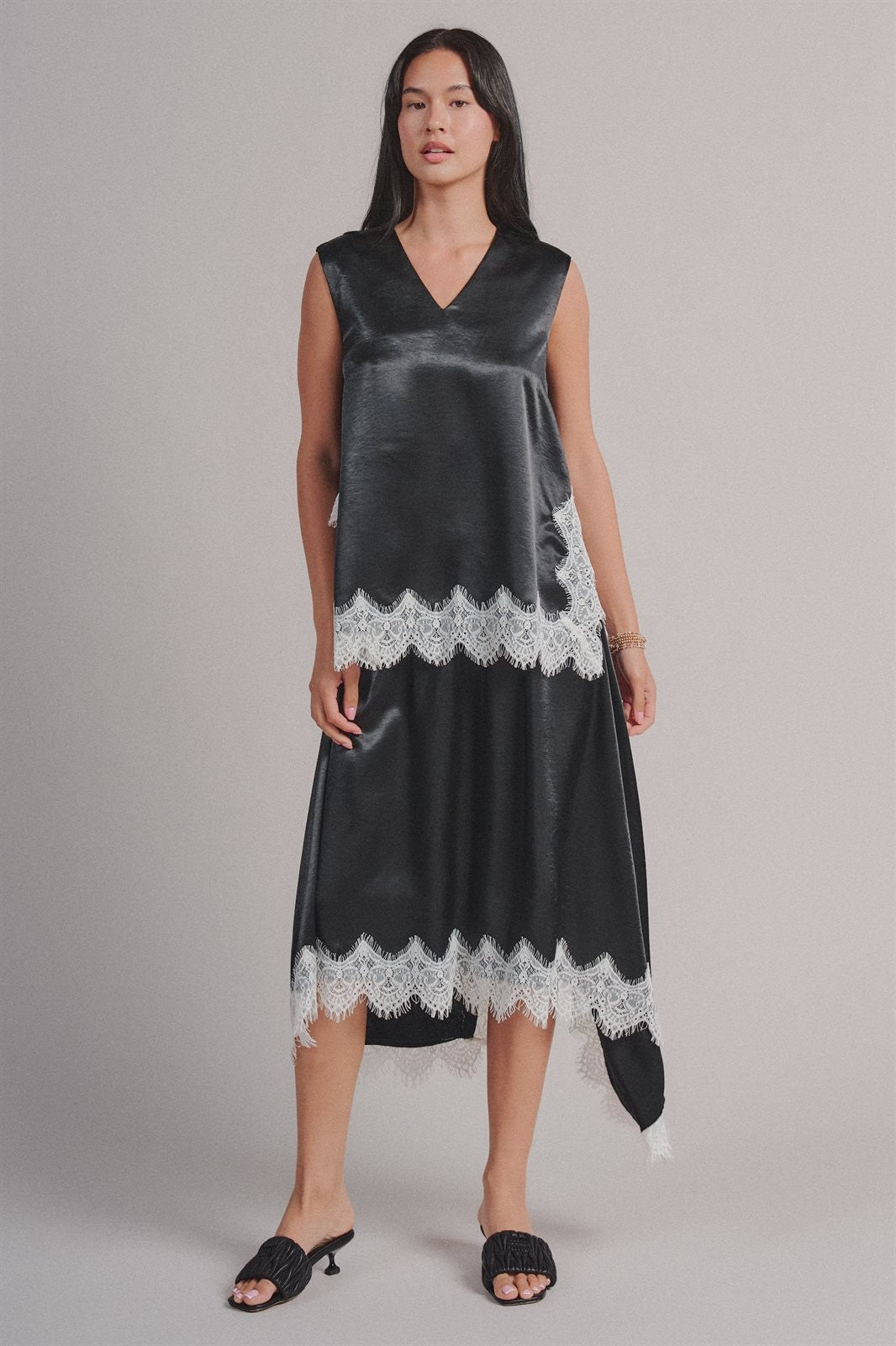 Scalloped Lace Trim Satin Sleeveless Top in Black - Women's Shirts & Blouses | Urban Daizy