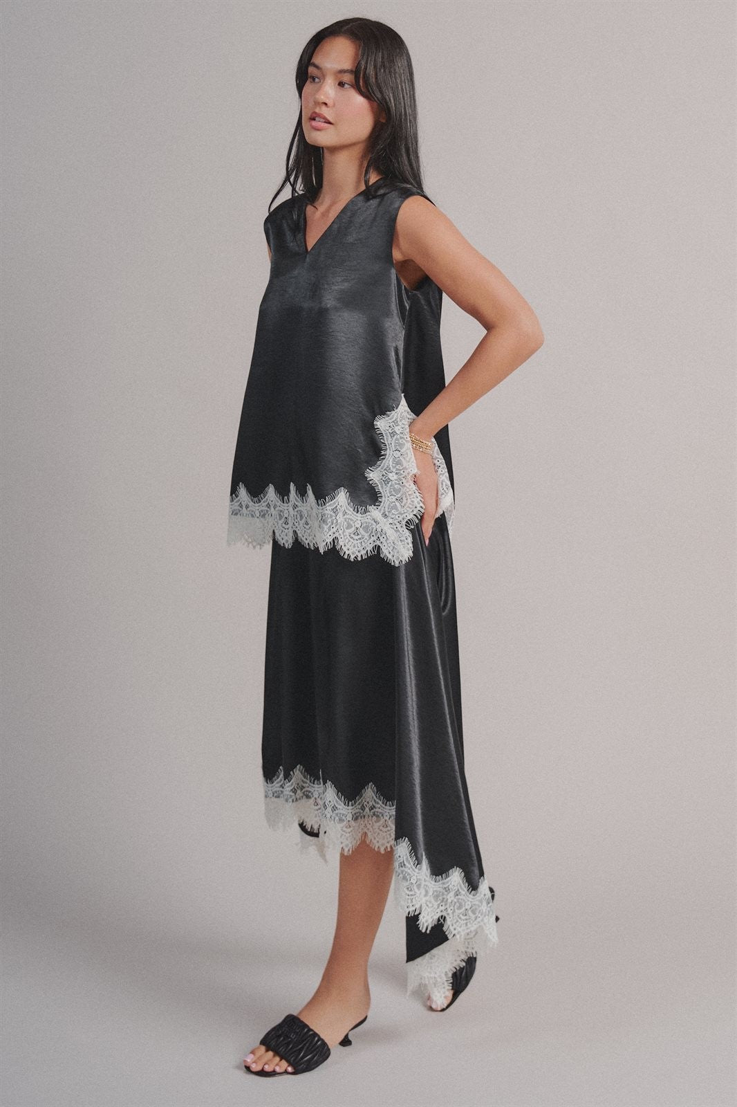Scalloped Lace Trim Satin Sleeveless Top in Black - Women's Shirts & Blouses | Urban Daizy