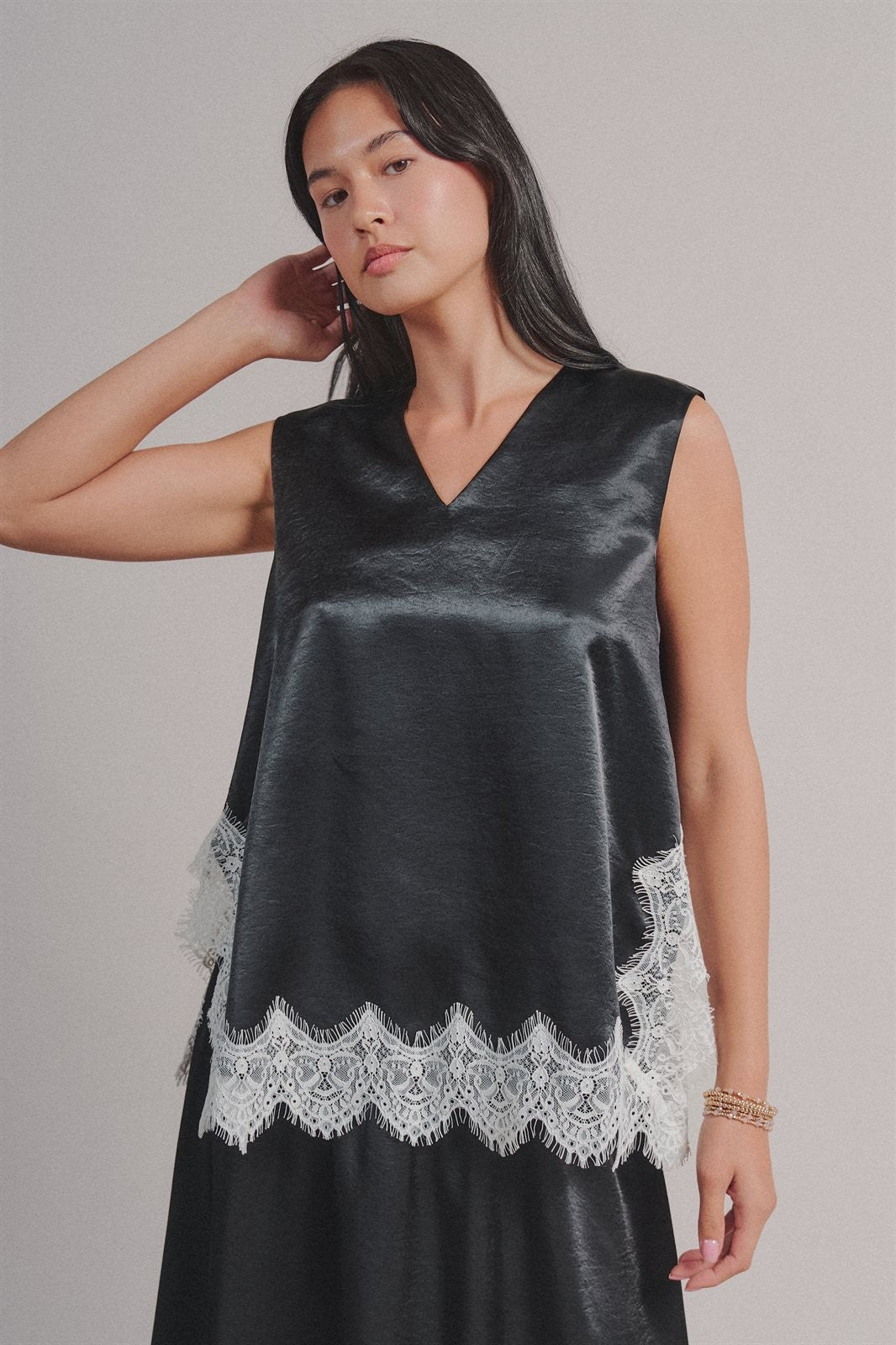 Scalloped Lace Trim Satin Sleeveless Top in Black - Women's Shirts & Blouses | Urban Daizy