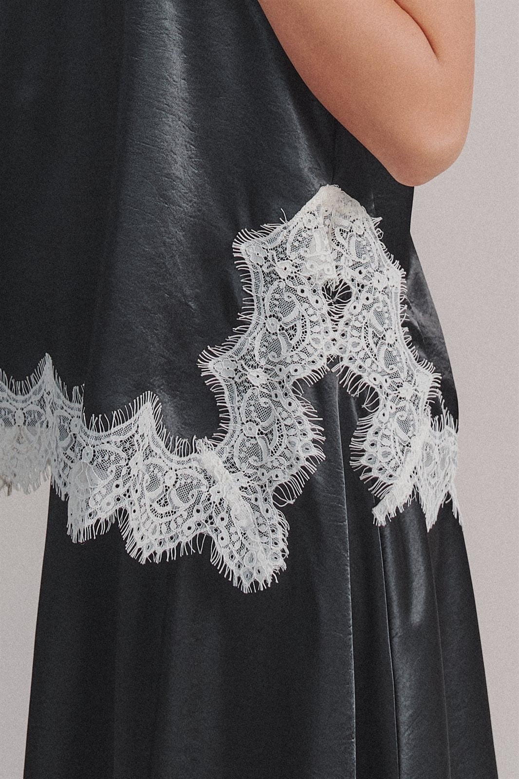 Scalloped Lace Trim Satin Sleeveless Top in Black - Women's Shirts & Blouses | Urban Daizy