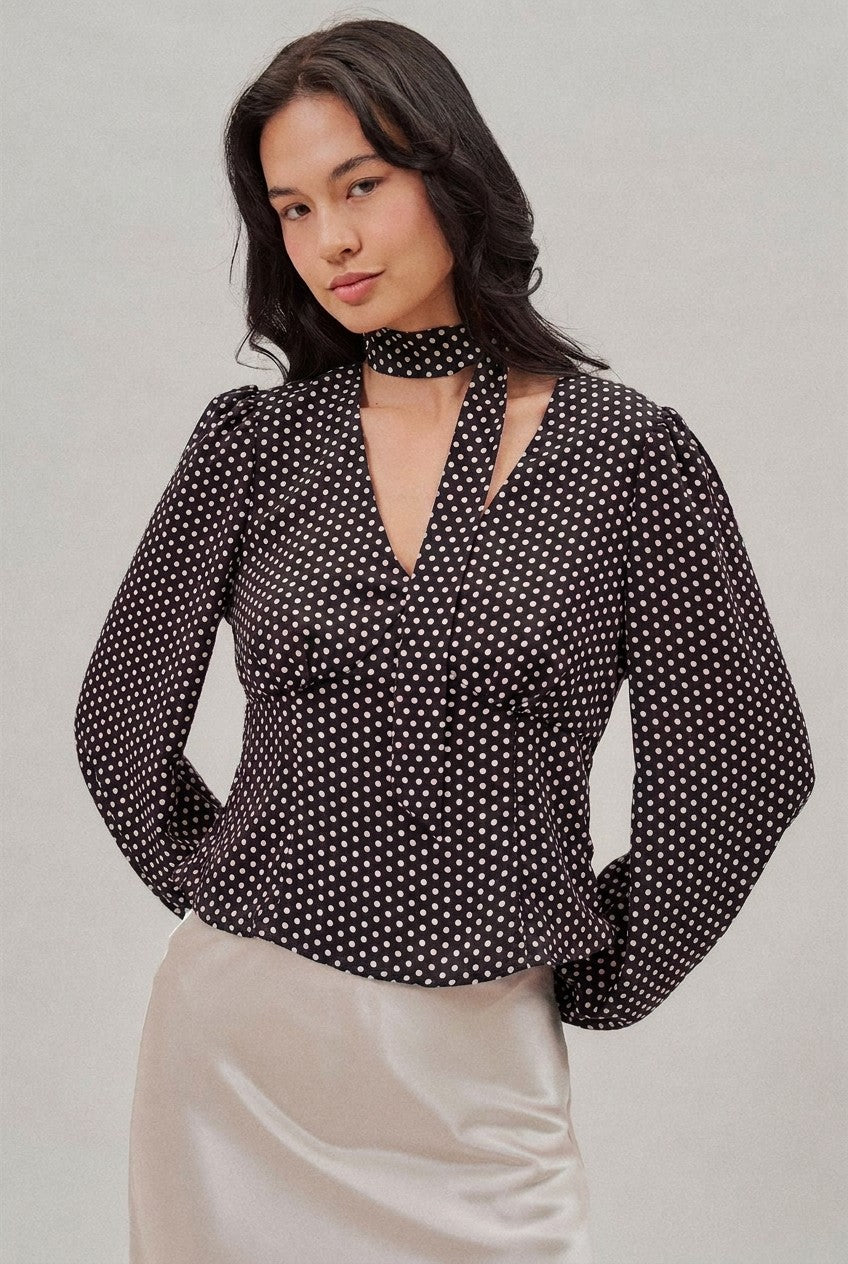 Polka Dot Satin Blouse With Tie Neck in Black - Women's Blankets | Urban Daizy