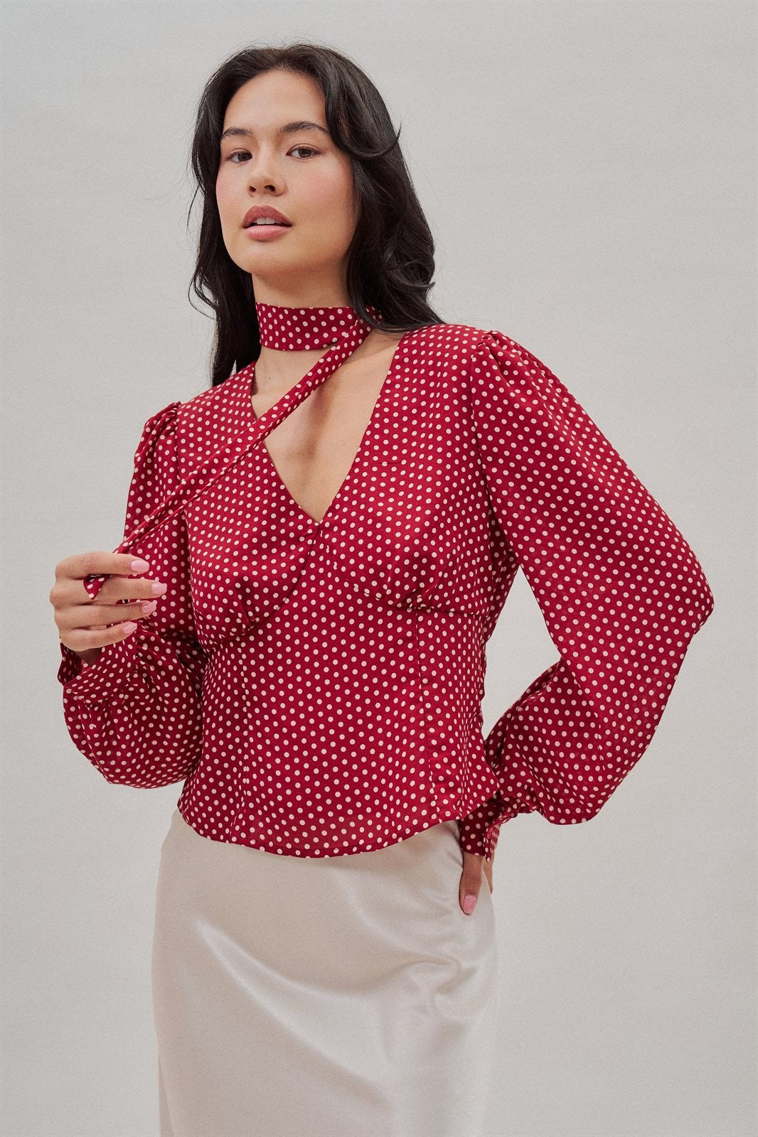 Polka Dot Satin Blouse With Tie Neck in Burgundy - Women's Blankets | Urban Daizy