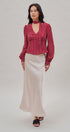 Polka Dot Satin Blouse With Tie Neck in Burgundy - Women's Blankets | Urban Daizy