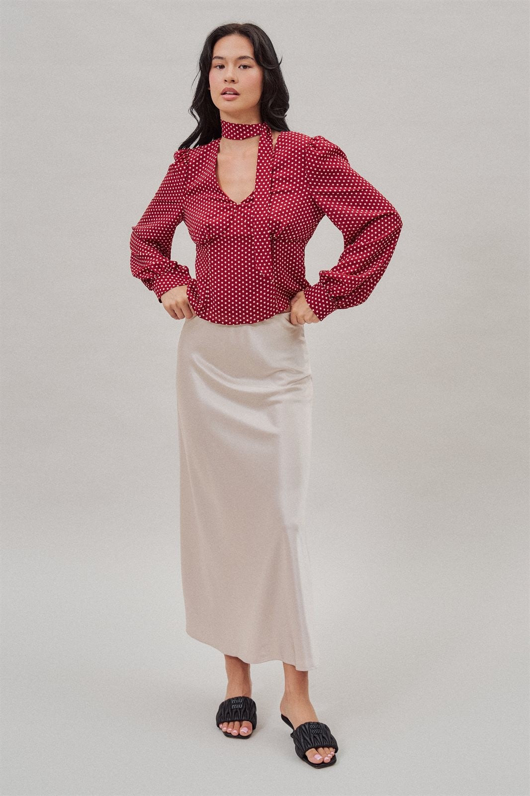 Polka Dot Satin Blouse With Tie Neck in Burgundy - Women's Blankets | Urban Daizy