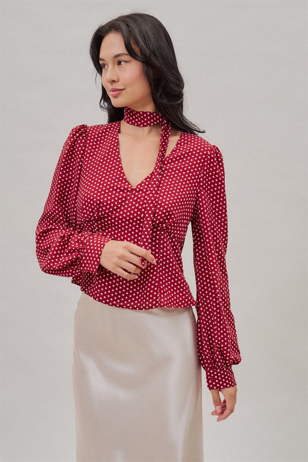 Polka Dot Satin Blouse With Tie Neck in Burgundy - Women's Blankets | Urban Daizy
