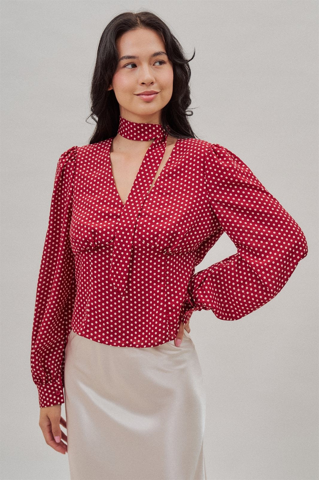 Polka Dot Satin Blouse With Tie Neck in Burgundy - Women's Blankets | Urban Daizy