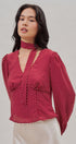 Polka Dot Satin Blouse With Tie Neck in Burgundy - Women's Blankets | Urban Daizy
