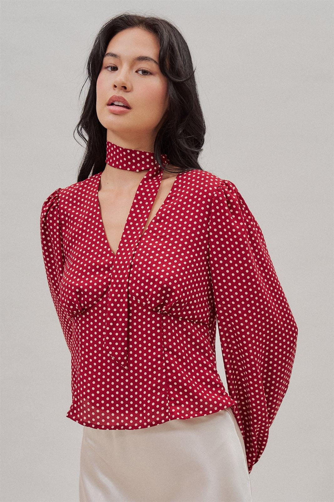 Polka Dot Satin Blouse With Tie Neck in Burgundy - Women's Blankets | Urban Daizy
