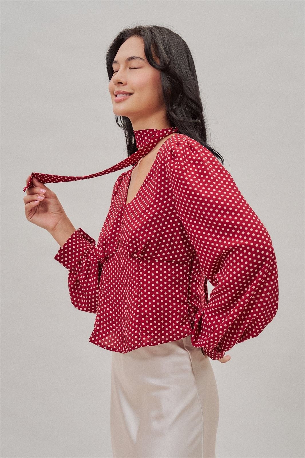 Polka Dot Satin Blouse With Tie Neck in Burgundy - Women's Blankets | Urban Daizy