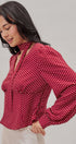 Polka Dot Satin Blouse With Tie Neck in Burgundy - Women's Blankets | Urban Daizy
