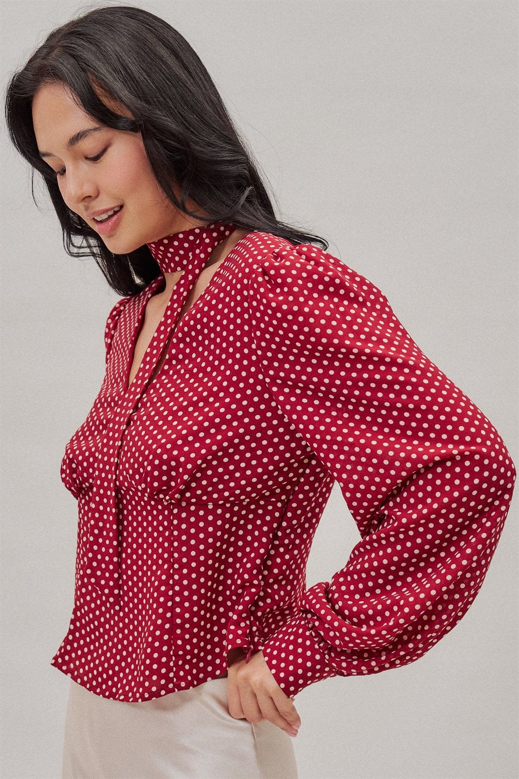 Polka Dot Satin Blouse With Tie Neck in Burgundy - Women's Blankets | Urban Daizy