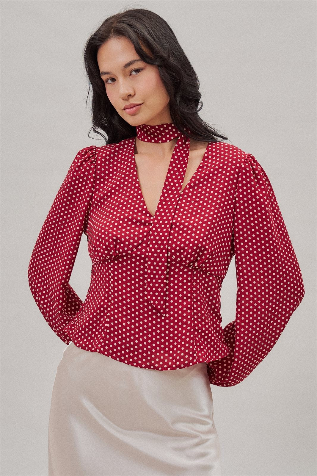 Polka Dot Satin Blouse With Tie Neck in Burgundy - Women's Blankets | Urban Daizy