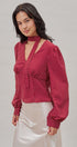 Polka Dot Satin Blouse With Tie Neck in Burgundy - Women's Blankets | Urban Daizy
