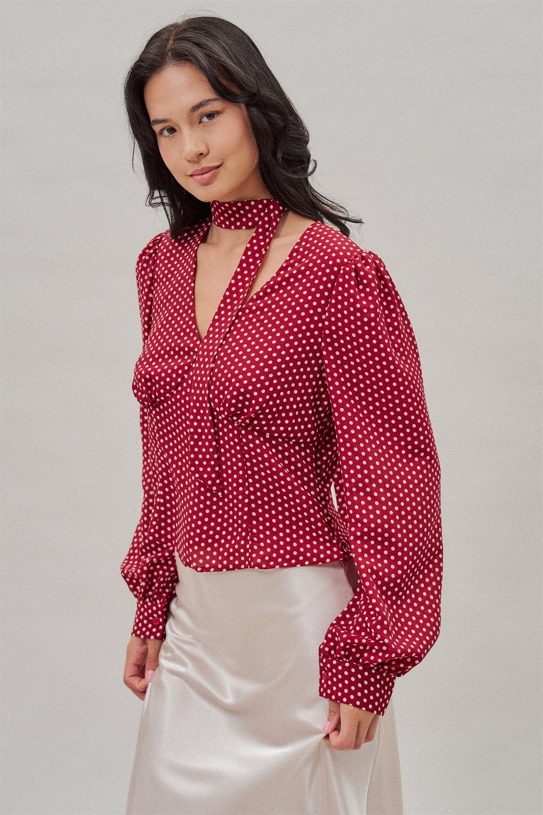 Polka Dot Satin Blouse With Tie Neck in Burgundy - Women's Blankets | Urban Daizy