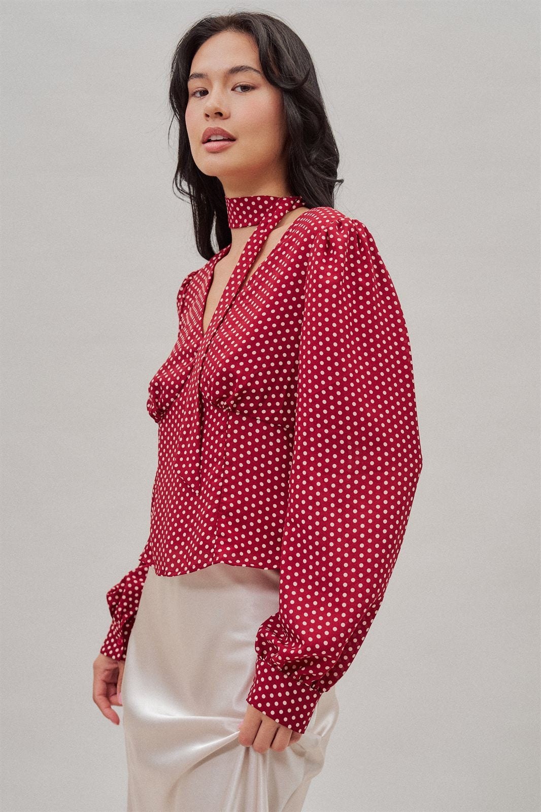 Polka Dot Satin Blouse With Tie Neck in Burgundy - Women's Blankets | Urban Daizy