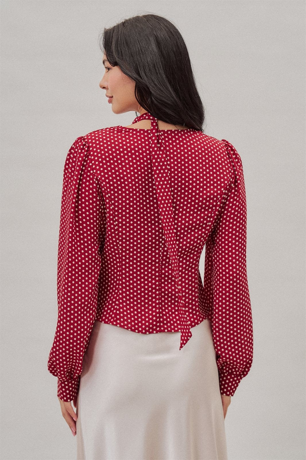 Polka Dot Satin Blouse With Tie Neck in Burgundy - Women's Blankets | Urban Daizy