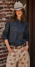 Washed Denim Chambray Button Up Shirt in Dk Denim - Women's Shirts & Blouses | Urban Daizy