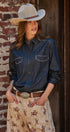 Washed Denim Chambray Button Up Shirt in Dk Denim - Women's Shirts & Blouses | Urban Daizy