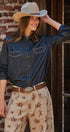 Washed Denim Chambray Button Up Shirt in Dk Denim - Women's Shirts & Blouses | Urban Daizy