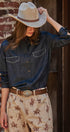 Washed Denim Chambray Button Up Shirt in Dk Denim - Women's Shirts & Blouses | Urban Daizy