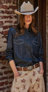 Washed Denim Chambray Button Up Shirt in Dk Denim - Women's Shirts & Blouses | Urban Daizy
