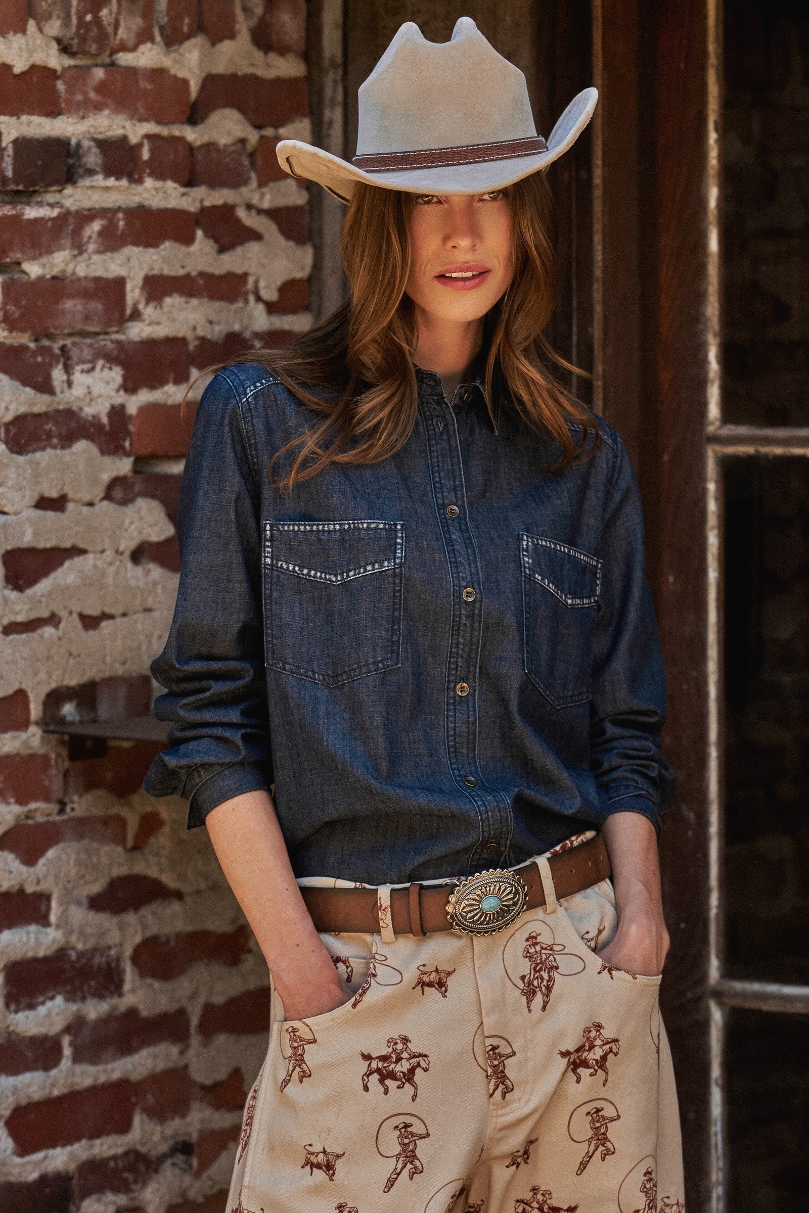 Washed Denim Chambray Button Up Shirt in Dk Denim - Women's Shirts & Blouses | Urban Daizy