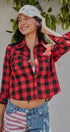 Buffalo Plaid Cropped Flannel Button Down Shirt in Red Black - Women's Shirts & Blouses | Urban Daizy