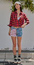Buffalo Plaid Cropped Flannel Button Down Shirt in Red Black - Women's Shirts & Blouses | Urban Daizy