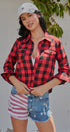 Buffalo Plaid Cropped Flannel Button Down Shirt in Red Black - Women's Shirts & Blouses | Urban Daizy