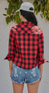 Buffalo Plaid Cropped Flannel Button Down Shirt in Red Black - Women's Shirts & Blouses | Urban Daizy