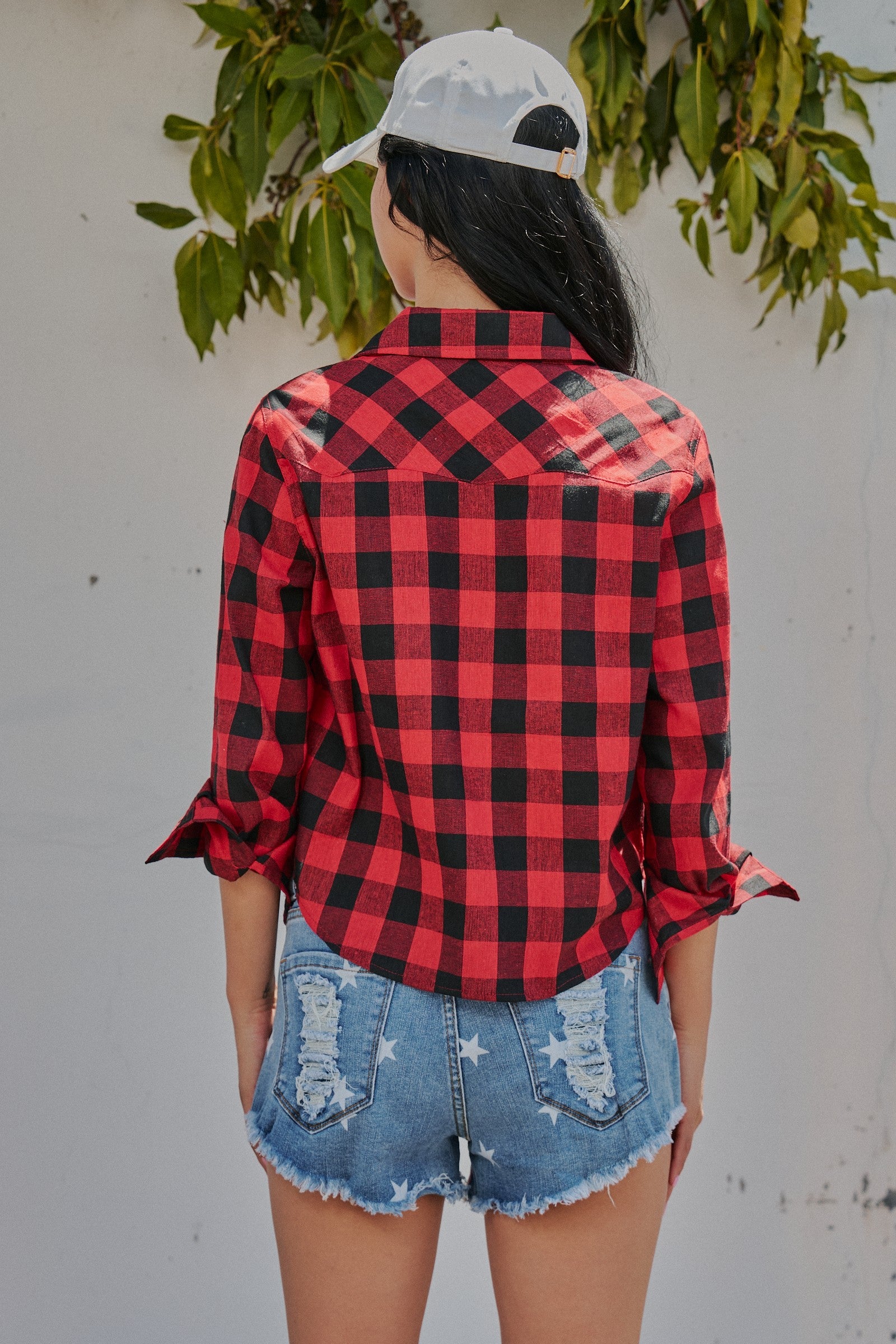 Buffalo Plaid Cropped Flannel Button Down Shirt in Red Black - Women's Shirts & Blouses | Urban Daizy