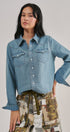 Western Yoke Pearl Snap Denim Shirt in Denim Blue - Women's Shirts & Blouses | Urban Daizy