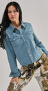 Western Yoke Pearl Snap Denim Shirt in Denim Blue - Women's Shirts & Blouses | Urban Daizy