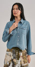 Western Yoke Pearl Snap Denim Shirt in Denim Blue - Women's Shirts & Blouses | Urban Daizy