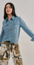 Western Yoke Pearl Snap Denim Shirt in Denim Blue - Women's Shirts & Blouses | Urban Daizy