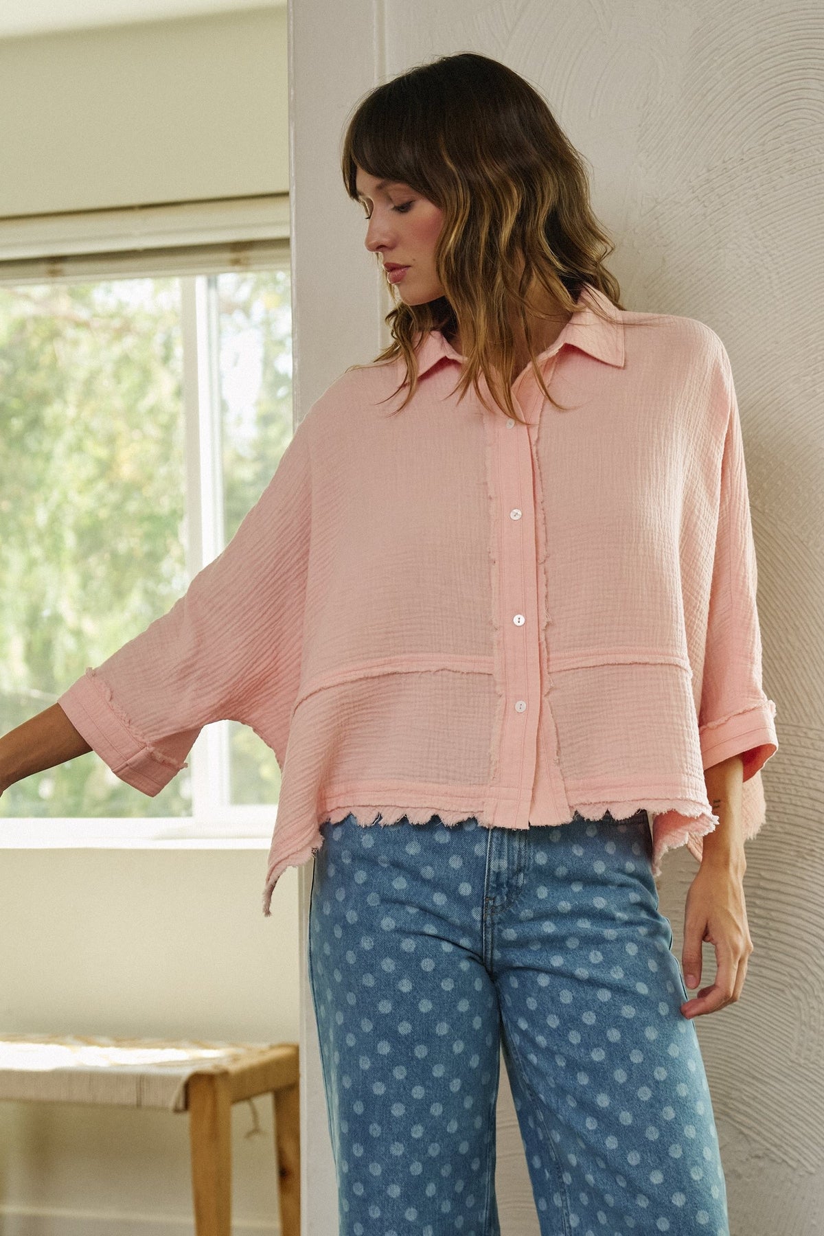 Soft Focus Gauze Button Down Shirt in Pink - Women's Shirts & Blouses | Urban Daizy