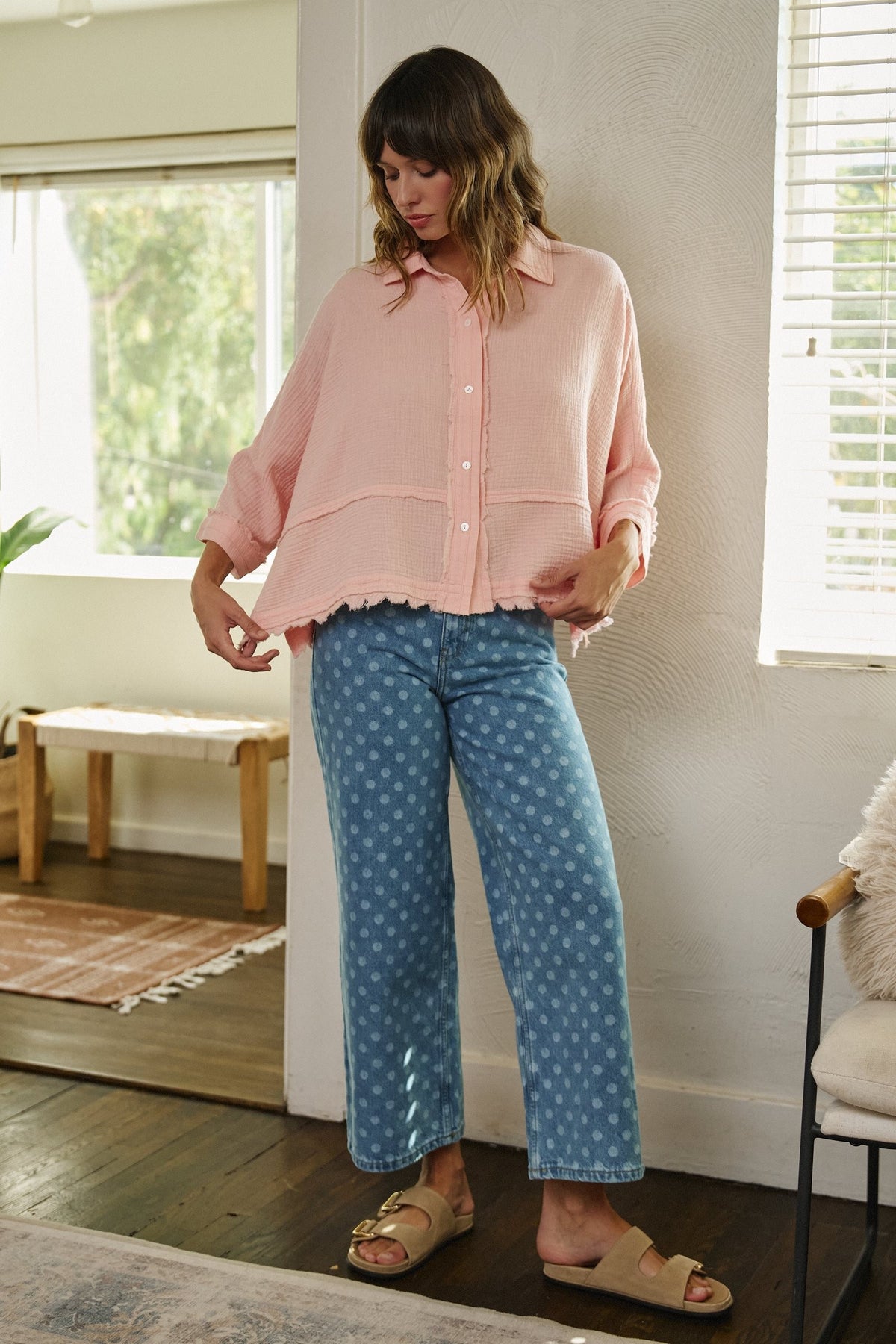 Soft Focus Gauze Button Down Shirt in Pink - Women's Shirts & Blouses | Urban Daizy