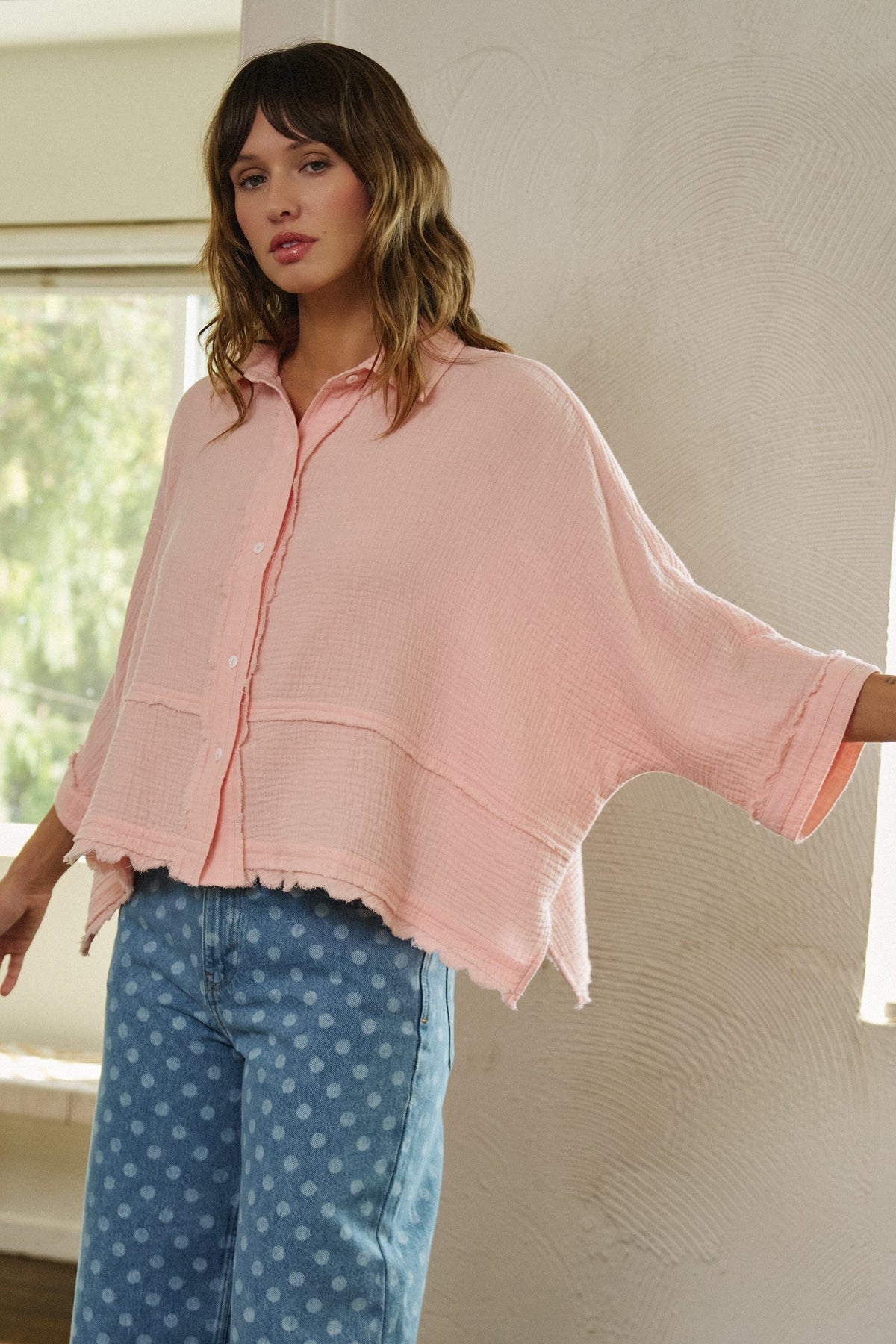 Soft Focus Gauze Button Down Shirt in Pink - Women's Shirts & Blouses | Urban Daizy