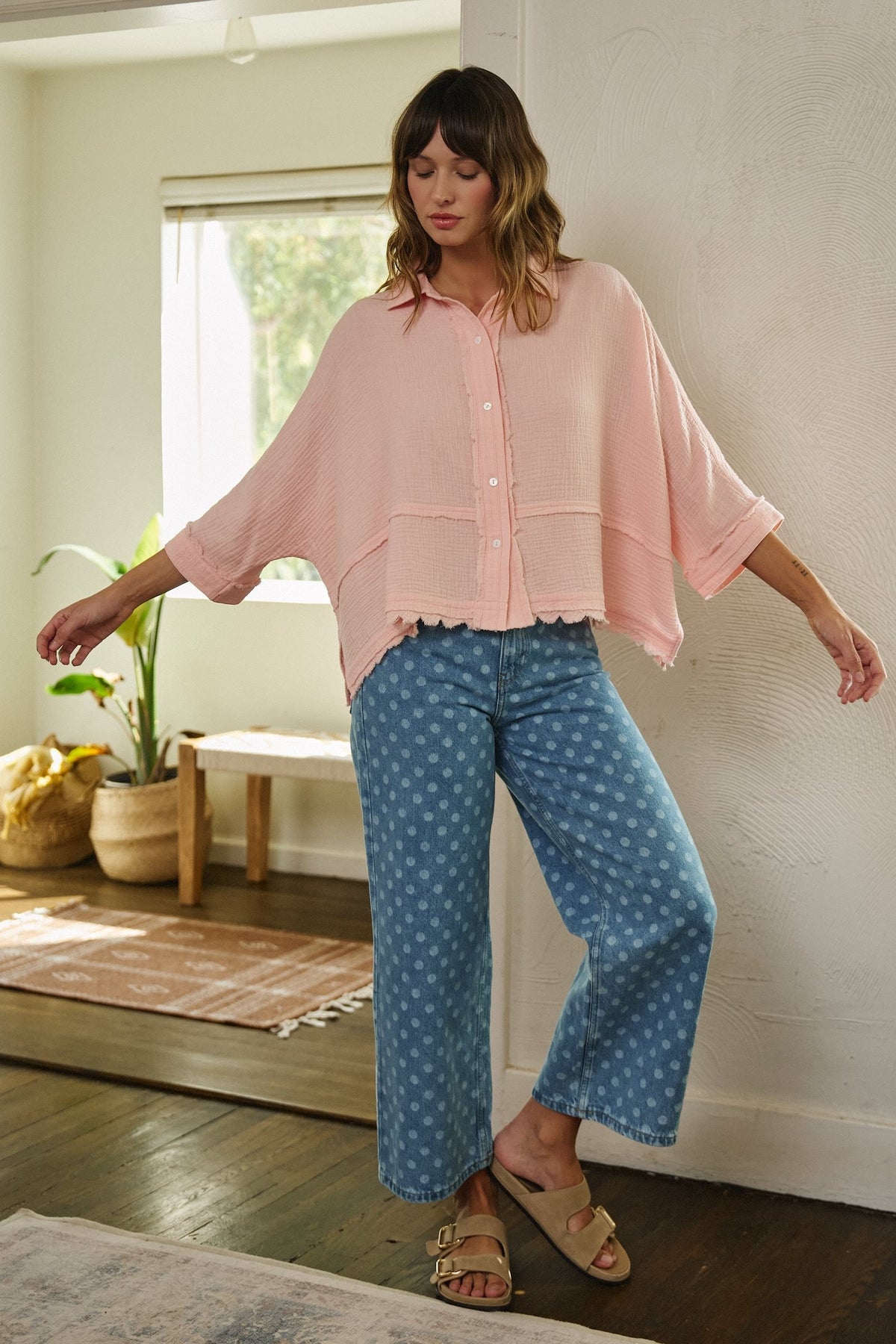 Soft Focus Gauze Button Down Shirt in Pink - Women's Shirts & Blouses | Urban Daizy