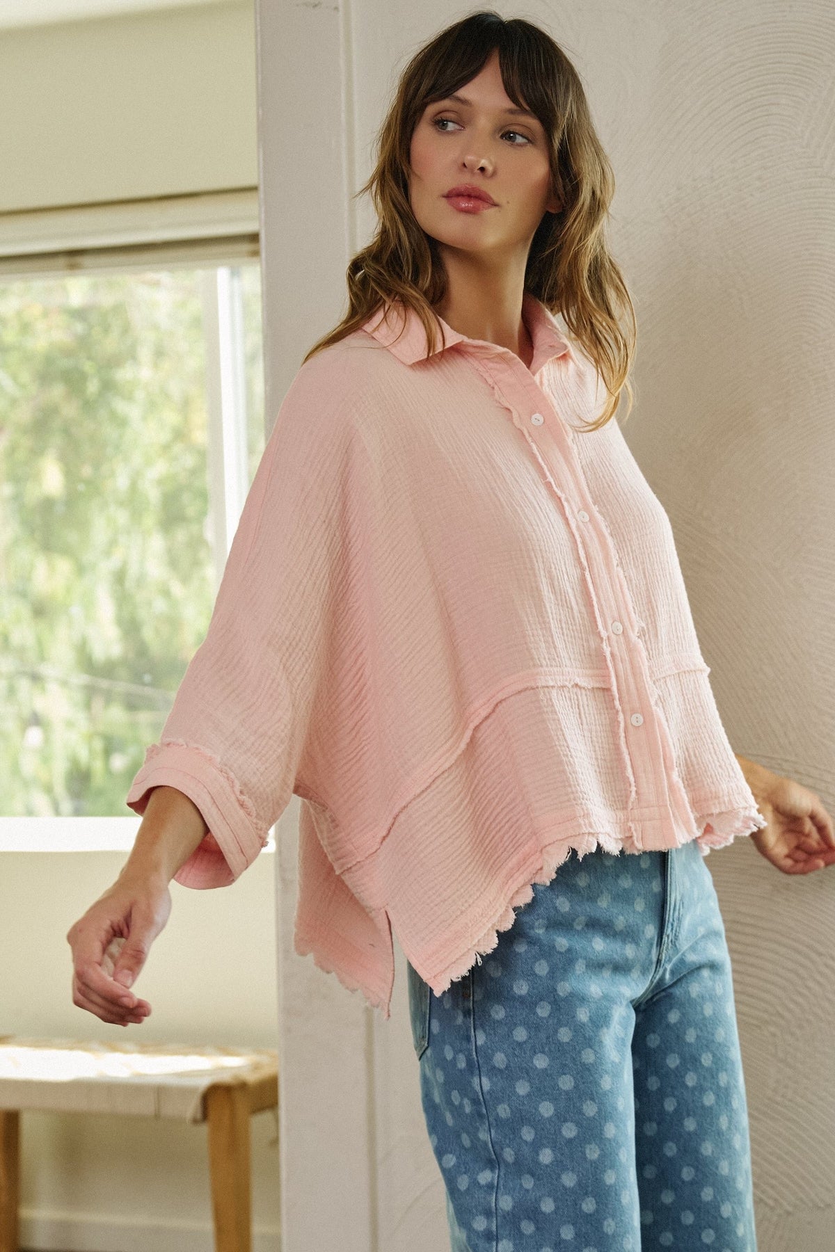 Soft Focus Gauze Button Down Shirt in Pink - Women's Shirts & Blouses | Urban Daizy