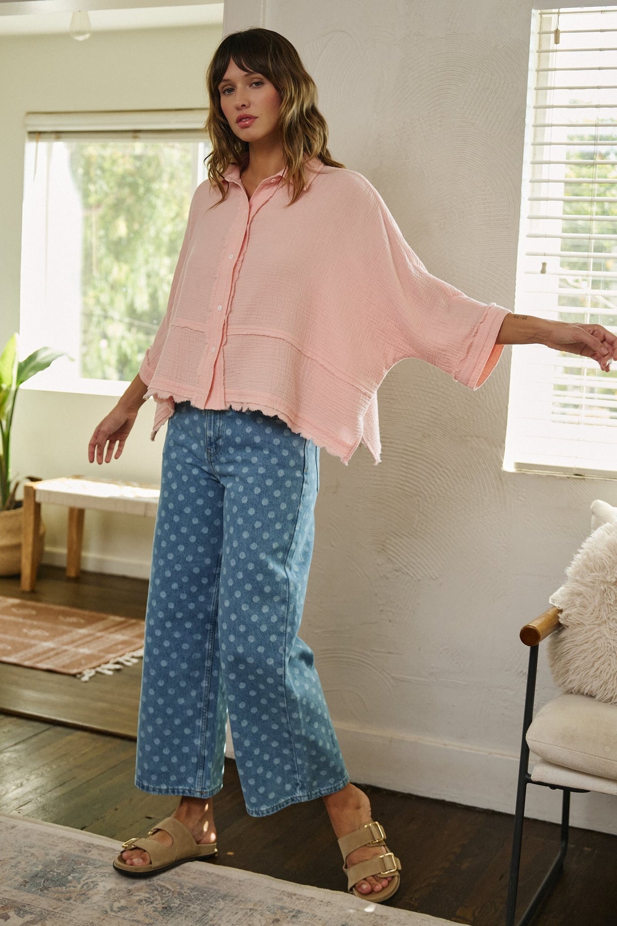 Soft Focus Gauze Button Down Shirt in Pink - Women's Shirts & Blouses | Urban Daizy